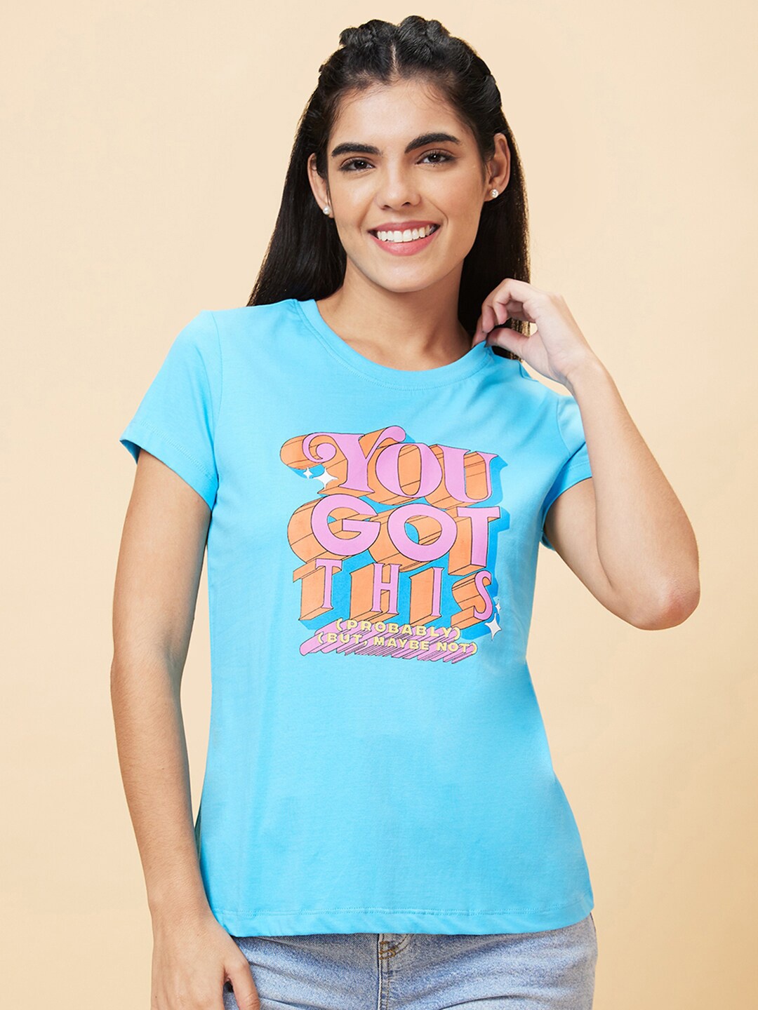 

Globus Turquoise Blue Typography Printed Regular Fit Pure Cotton Casual T-Shirt