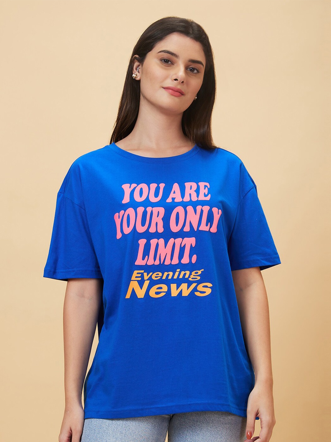 

Globus Blue Typography Printed Drop Shoulder Sleeves Pure Cotton Boxy Fit Casual T-shirt