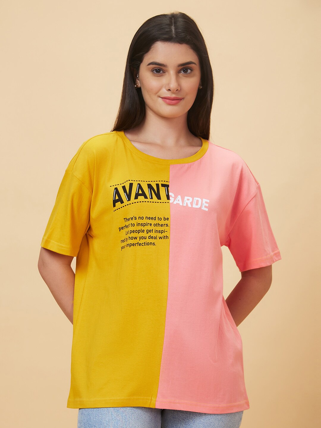 

Globus Mustard Yellow & Pink Colourblocked Boxy Fit Pure Cotton T-shirt