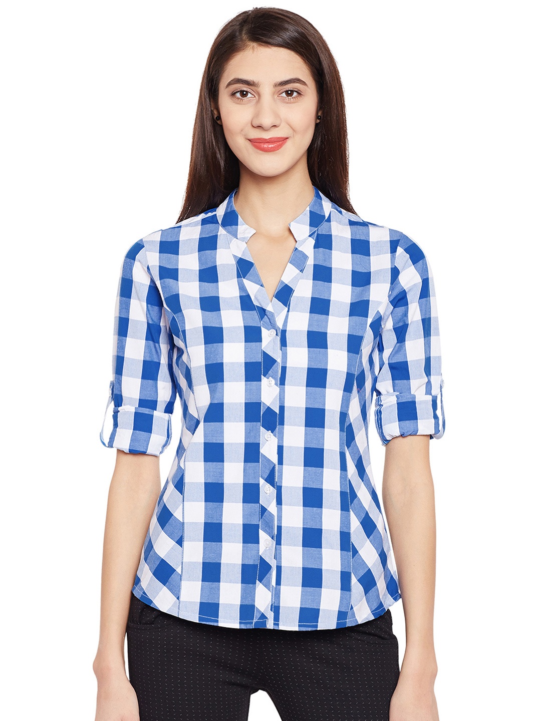 

WISSTLER Women Blue & White Standard Fit Checked Casual Shirt