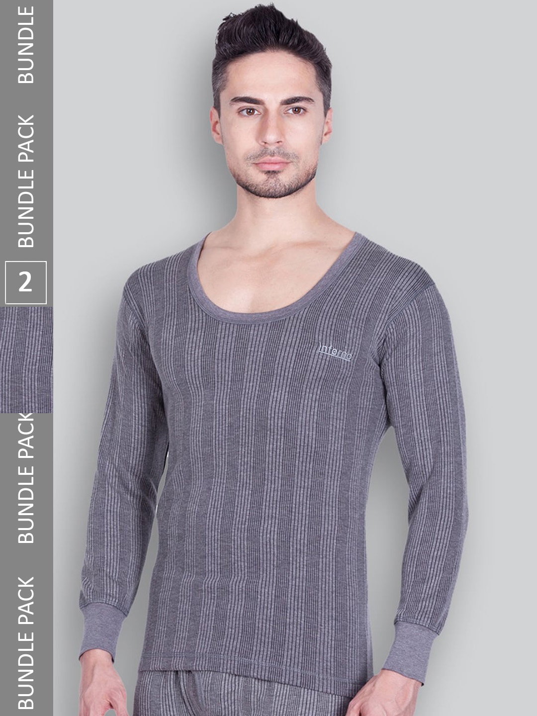 

INFERNO Pack Of 2 Striped Ribbed Cotton Thermal Top, Grey