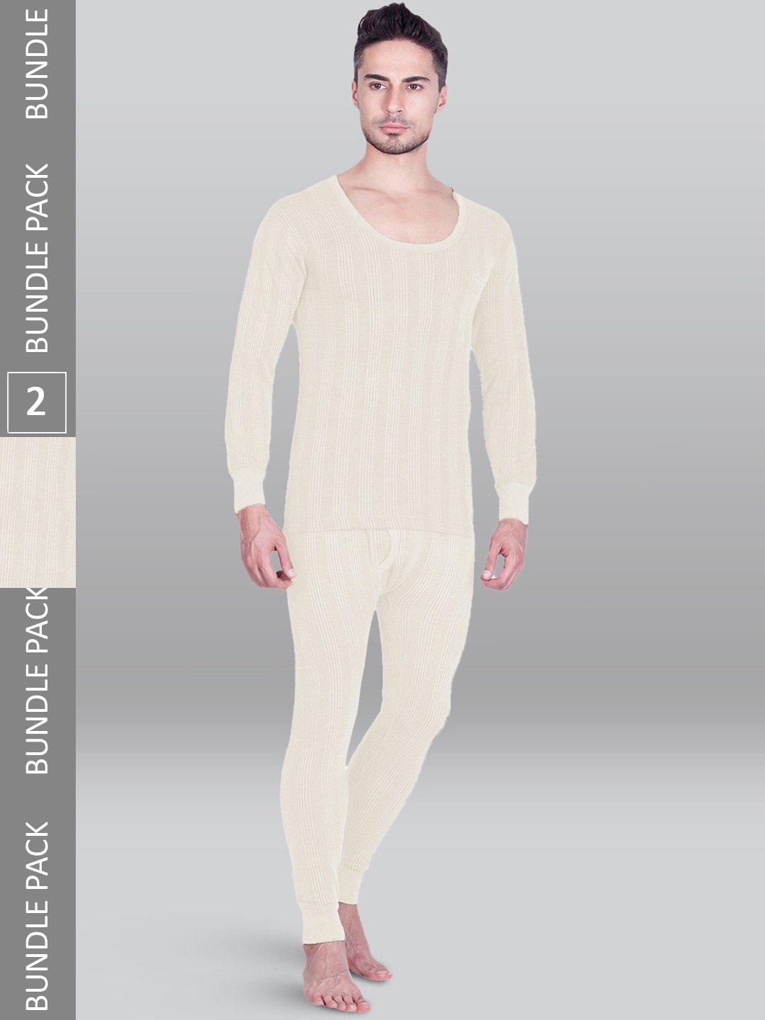 

INFERNO Men Pack of 2 Ribbed Cotton Thermal T-Shirt & Trousers, Off white