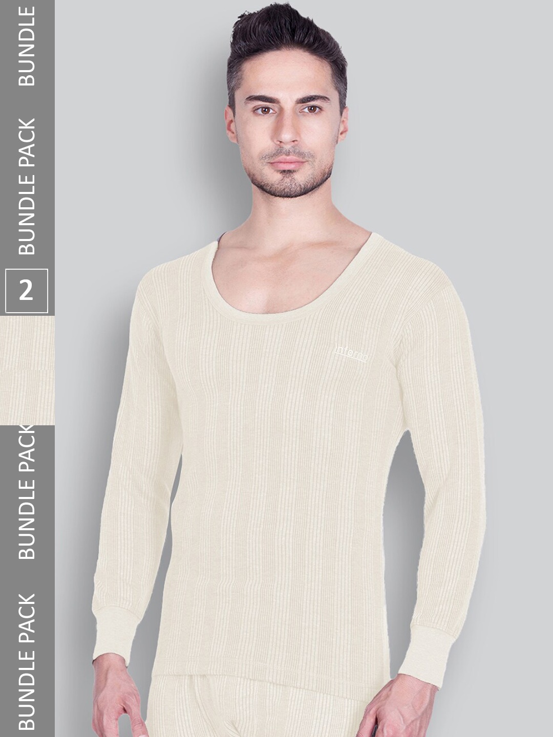 

INFERNO Men Pack Of 2 Stripped Ribbed Thermal Top, White