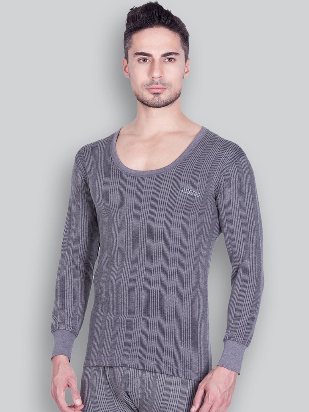 

INFERNO Striped Round Neck Cotton Thermal Top, Grey