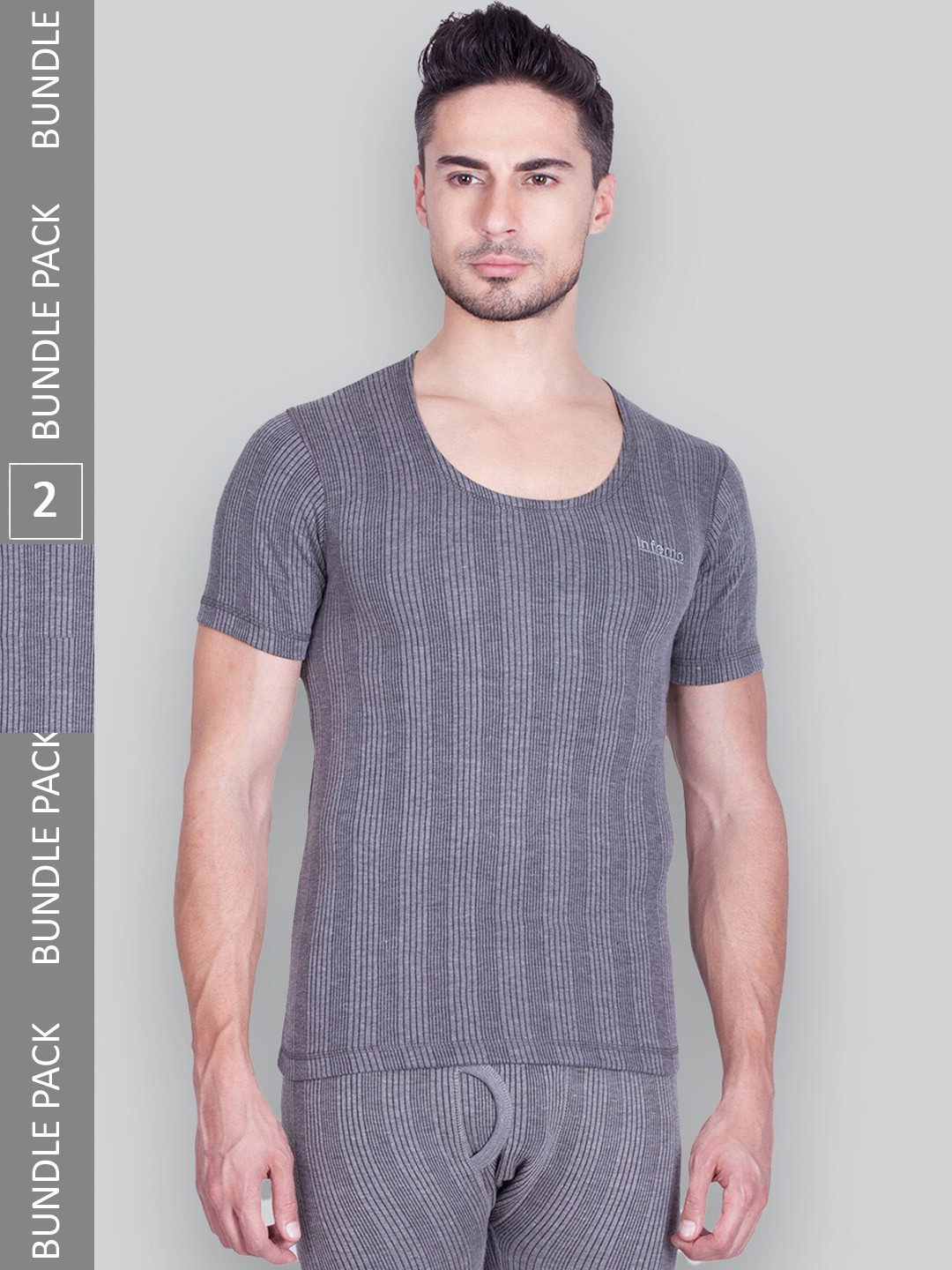 

INFERNO Pack Of 2 Plus Size Striped Ribbed Cotton Thermal Tops, Grey