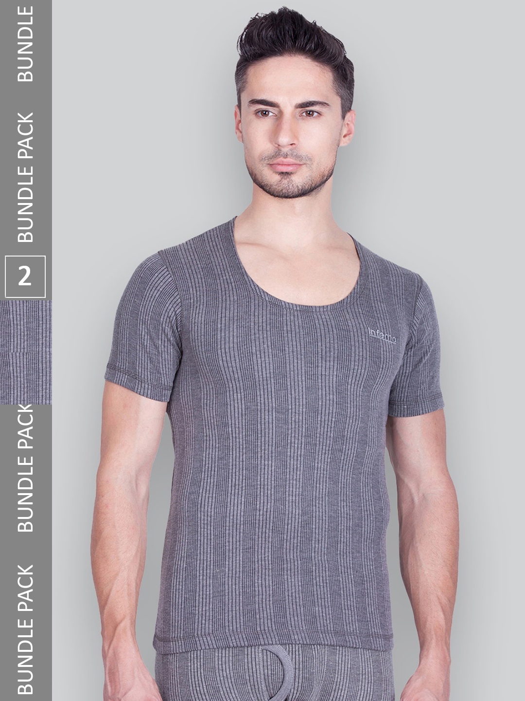 

INFERNO Pack Of 2 Ribbed Cotton Thermal Tops, Grey
