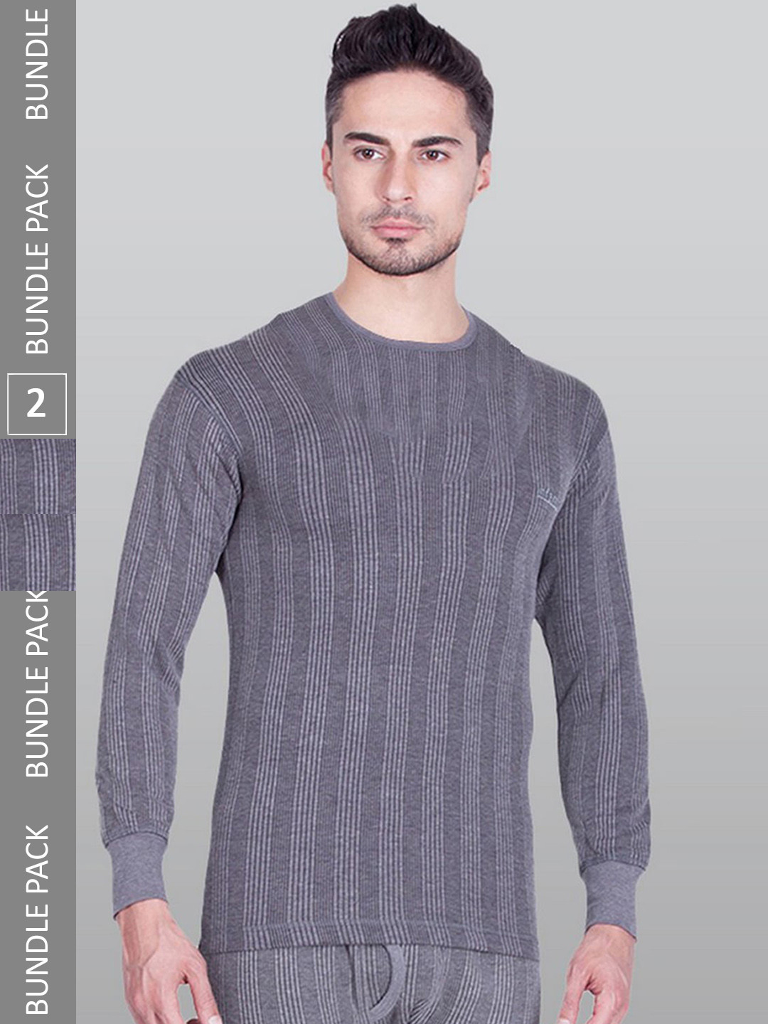 

INFERNO Pack Of 2 Striped Round Neck Cotton Thermal Top, Grey