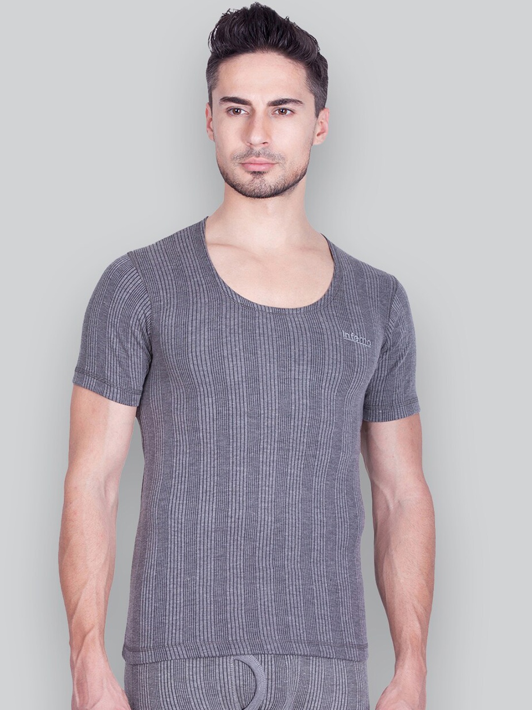 

INFERNO Pack Of 2 Stripped Ribbed Thermal Top, Grey