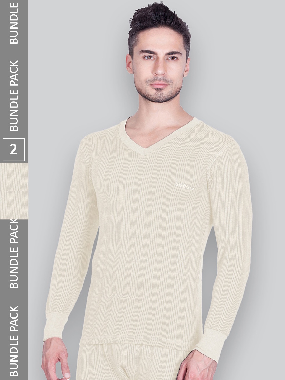 

INFERNO Pack Of 2 Striped Ribbed Cotton Thermal Tops, Off white