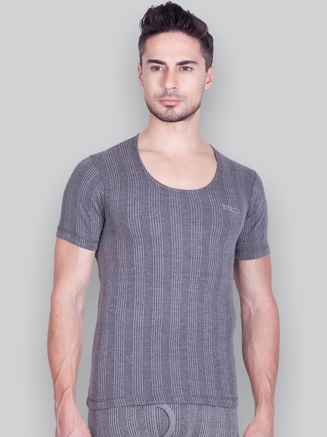 

INFERNO Striped Round Neck Cotton Thermal Top, Grey