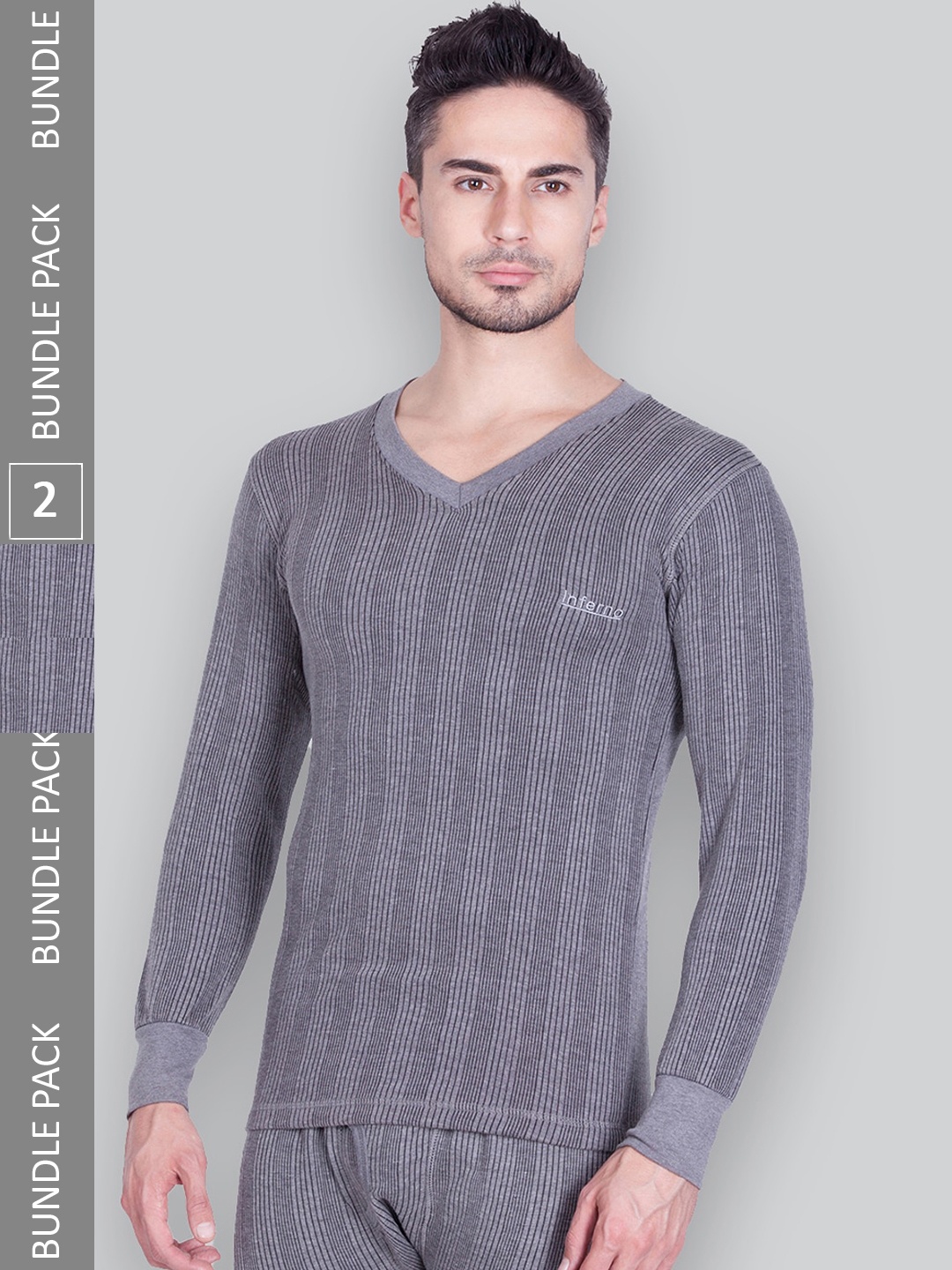 

INFERNO Pack Of 2 Striped Ribbed Cotton Thermal Tops, Grey