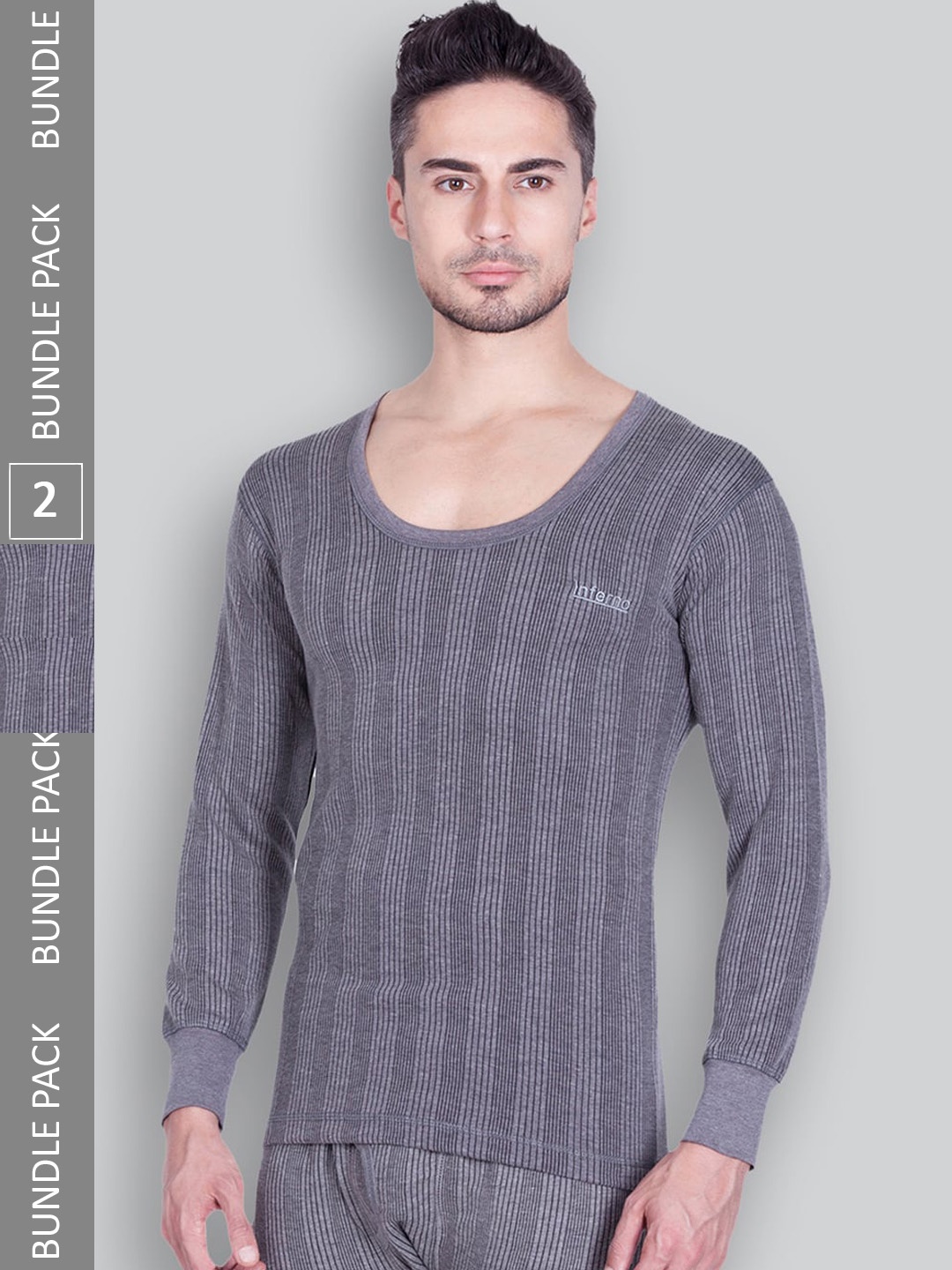 

INFERNO Pack Of 2 Round Neck Ribbed Cotton Thermal Tops, Grey