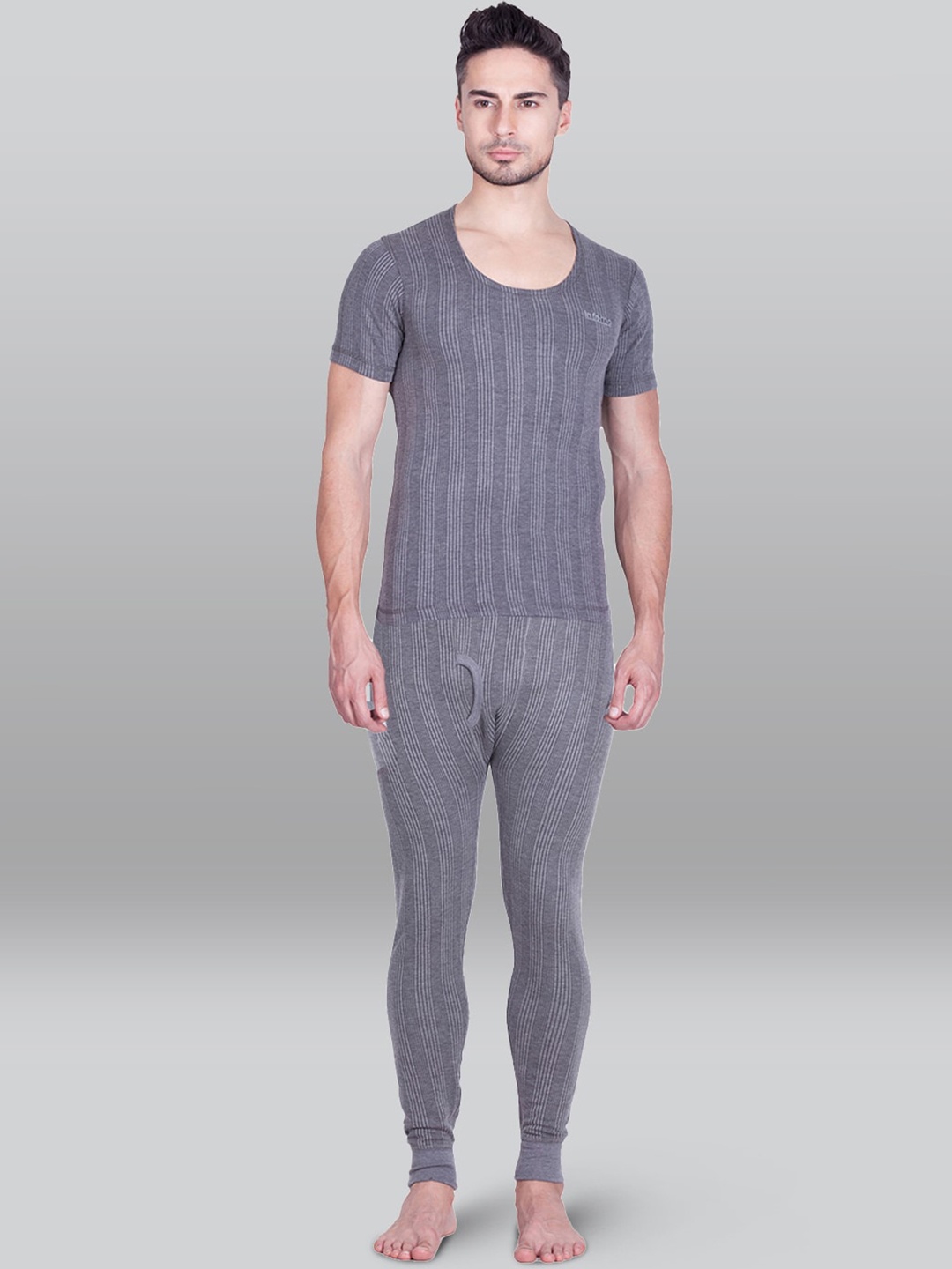 

INFERNO Men Ribbed Cotton Thermal T-Shirt & Trousers, Grey