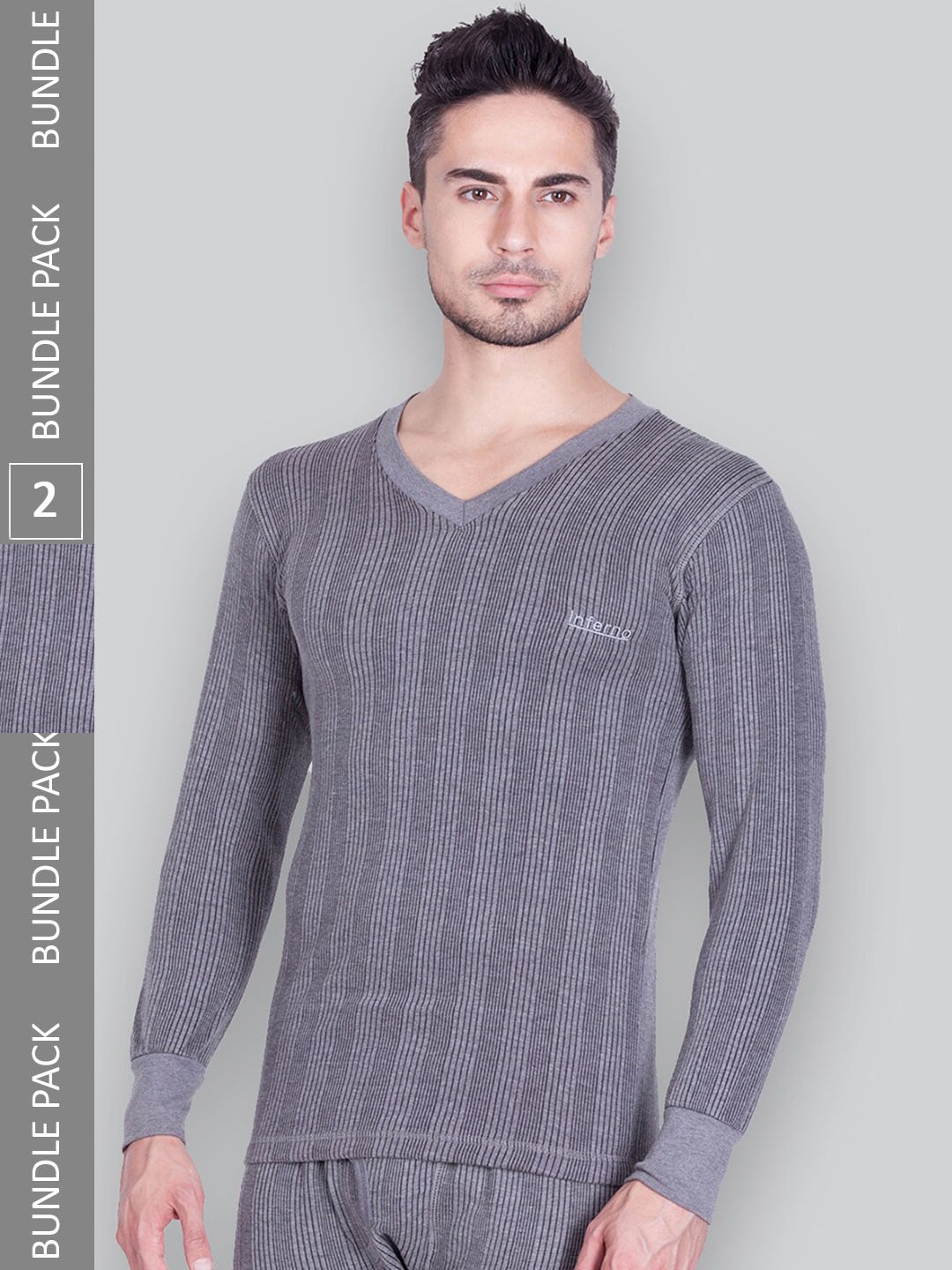 

INFERNO Pack Of 2 Stripped Cotton Thermal Tops, Grey
