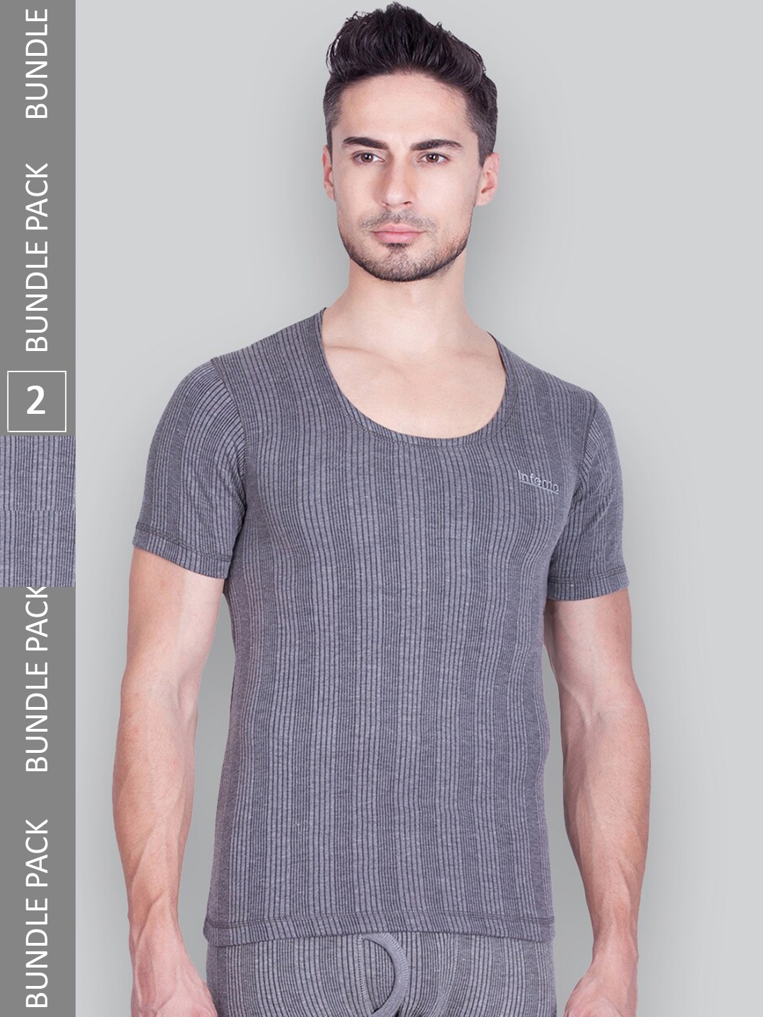 

INFERNO Pack Of 2 Stripped Round Neck Cotton Thermal Tops, Grey
