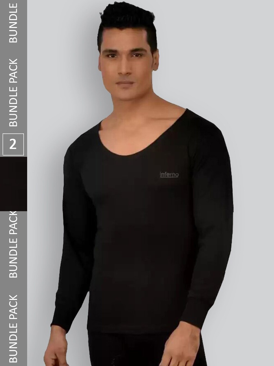 

INFERNO Pack Of 2 Round Neck Cotton Thermal Tops, Black
