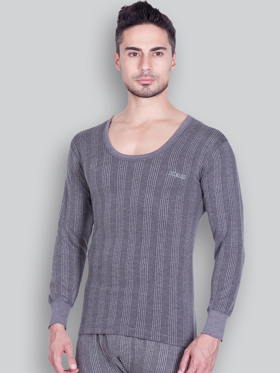 

INFERNO Striped Round Neck Cotton Thermal Top, Grey