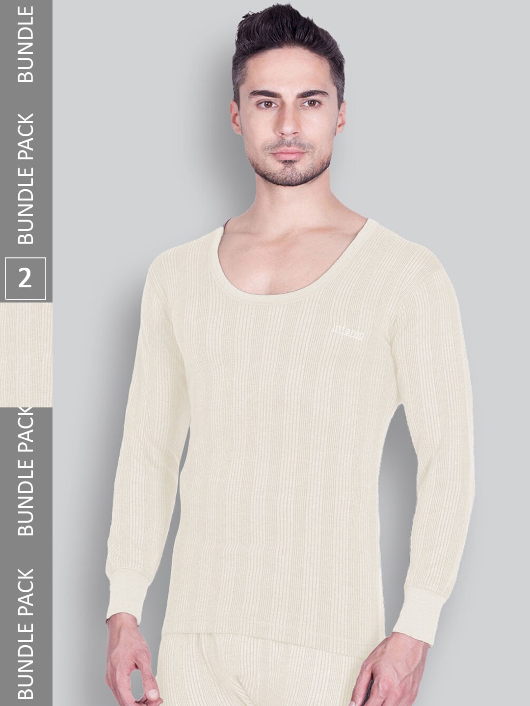 

INFERNO Pack Of 2 Ribbed Round Neck Cotton Thermal Tops, Cream