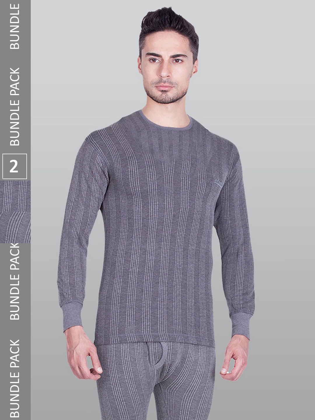 

INFERNO Men Pack Of 2 Stripped Thermal Tops, Grey