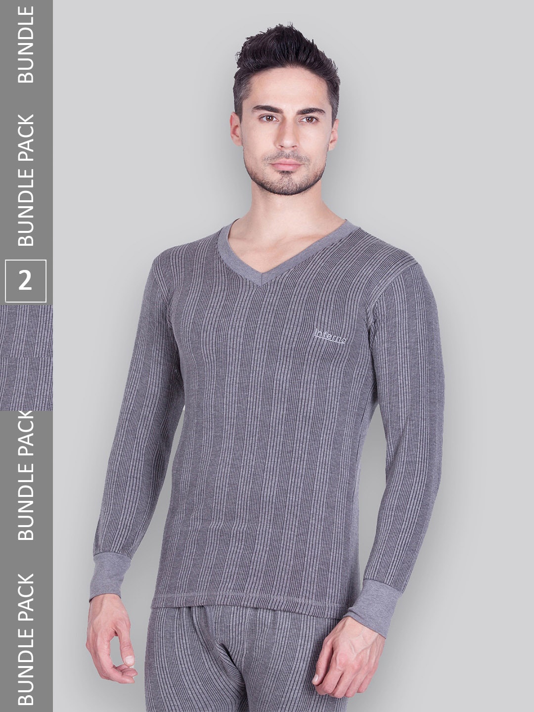 

INFERNO Pack Of 2 Striped Round Neck Cotton Thermal Top, Grey