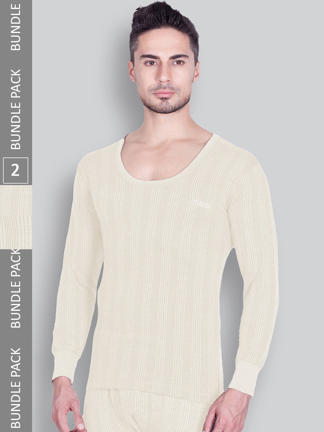 

INFERNO Pack Of 2 Striped Ribbed Cotton Thermal Tops, Beige