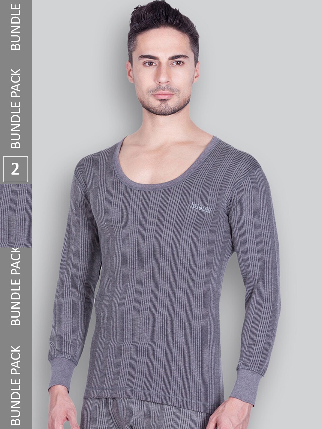 

INFERNO Pack Of 2 Striped Ribbed Thermal Tops, Grey