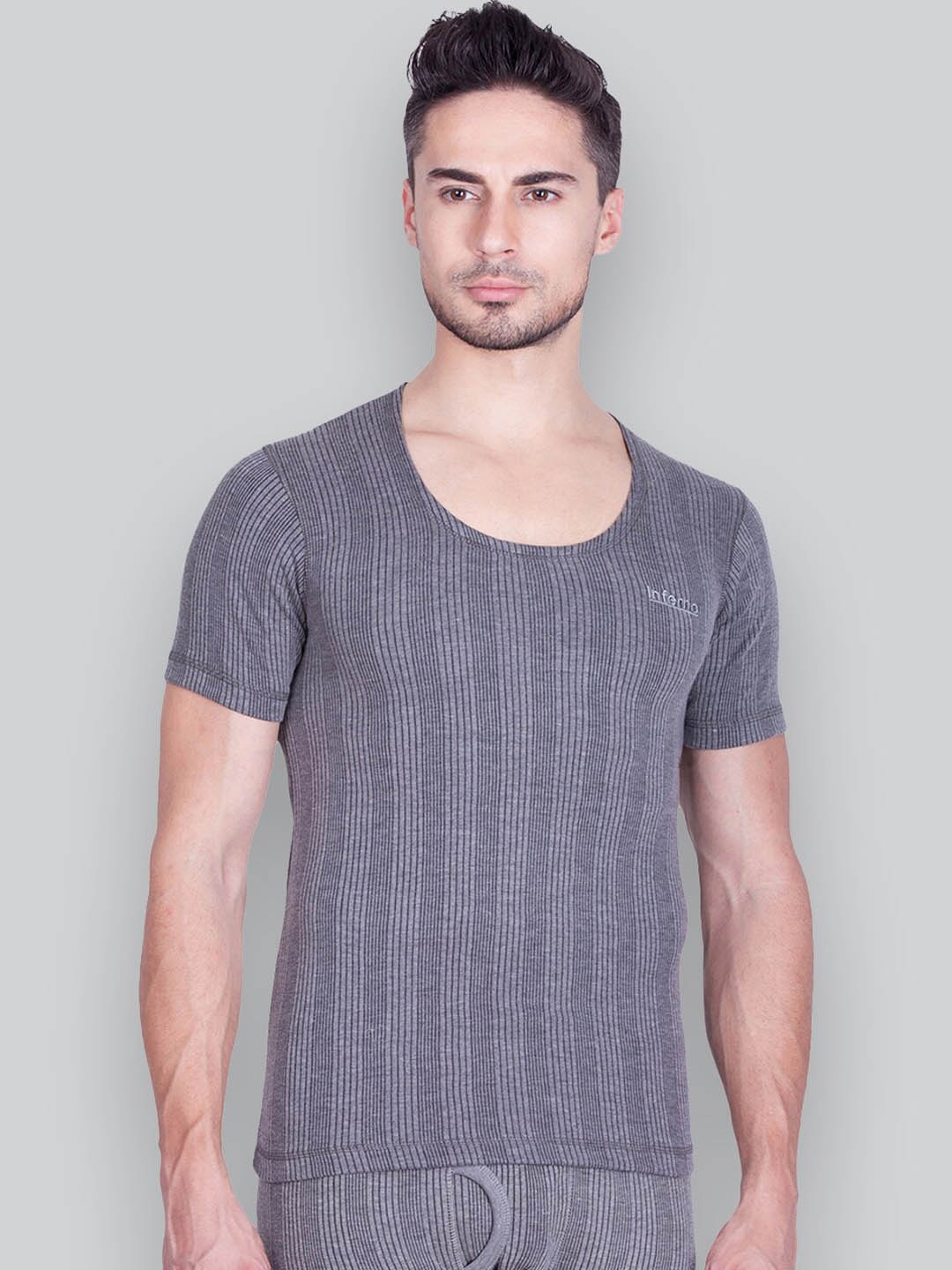 

INFERNO Ribbed Round-Neck Cotton Thermal Top, Grey