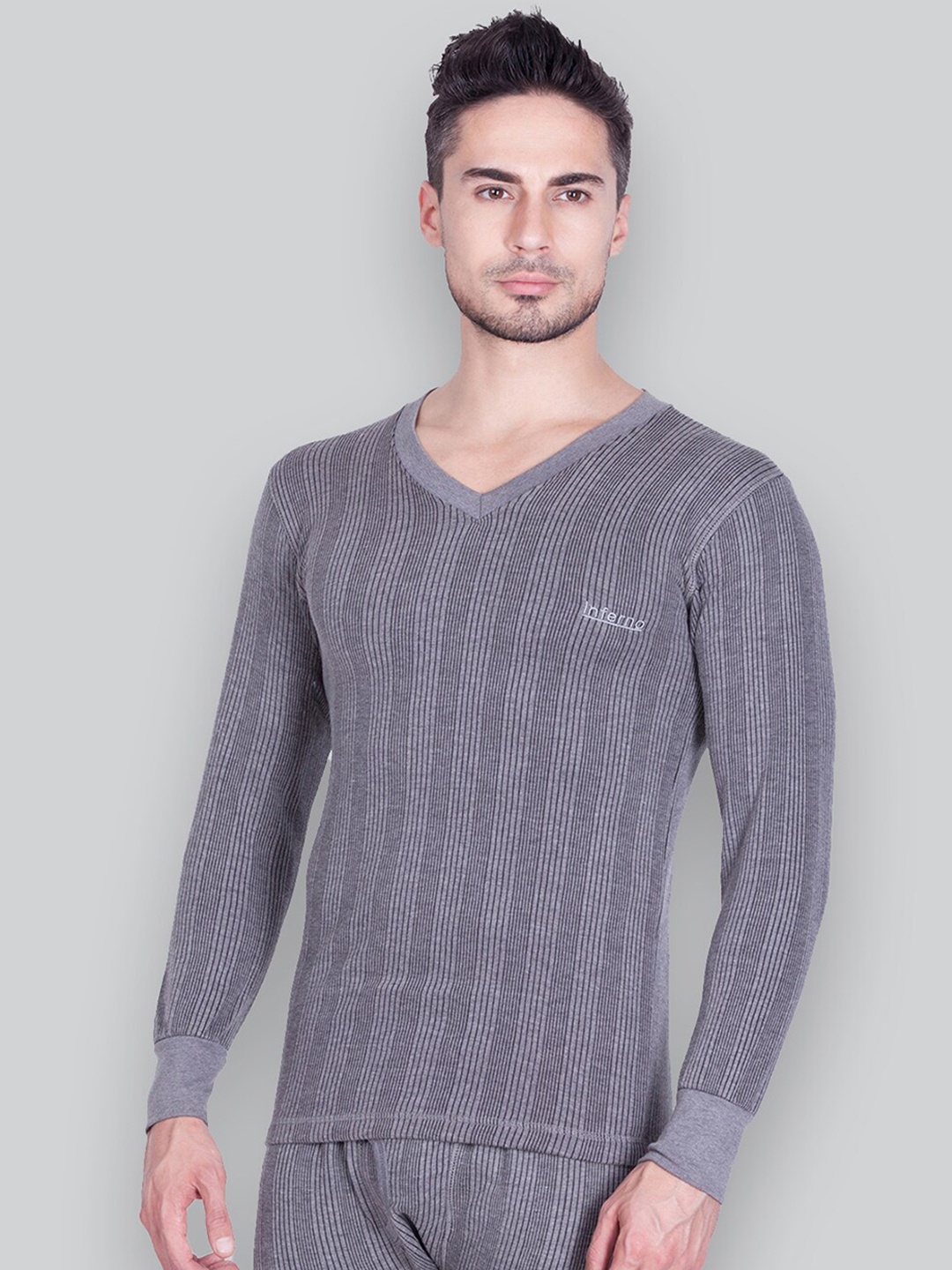 

INFERNO Striped Ribbed V-Neck Thermal Top, Grey