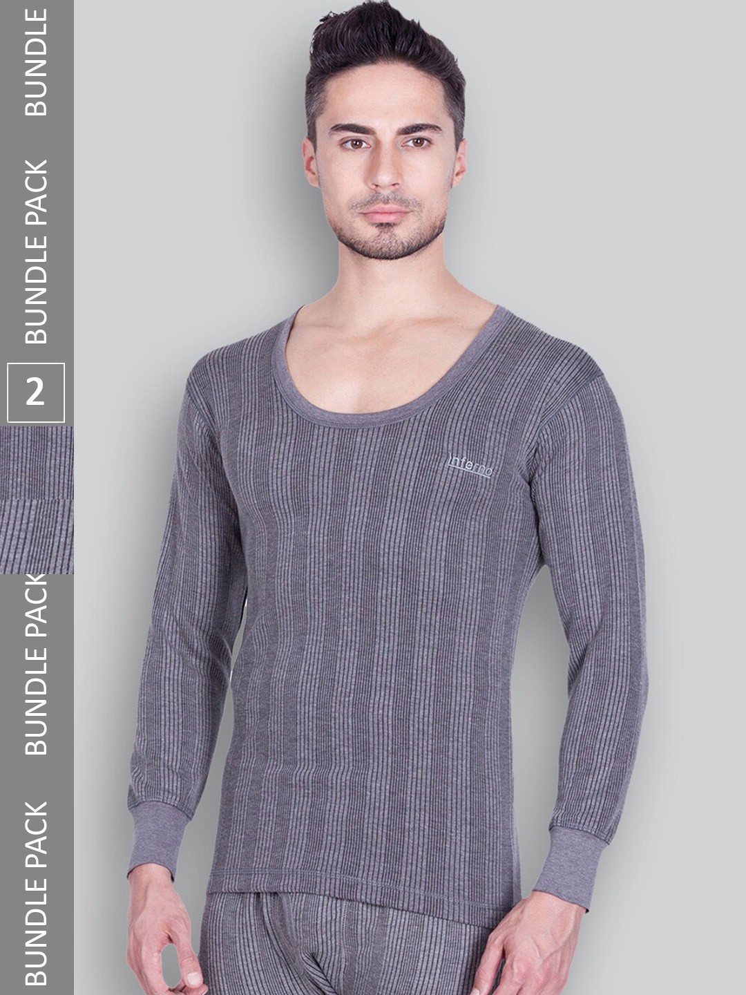 

INFERNO Pack Of 2 Striped Ribbed Cotton Thermal Tops, Grey