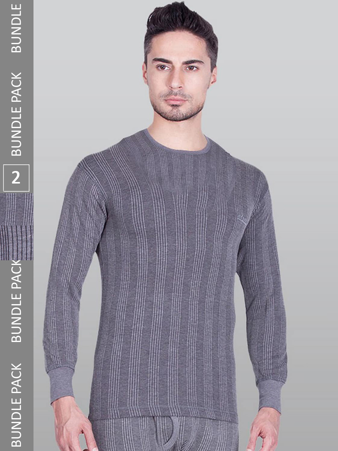 

INFERNO Men Pack Of 2 Striped Ribbed Thermal Tops, Grey