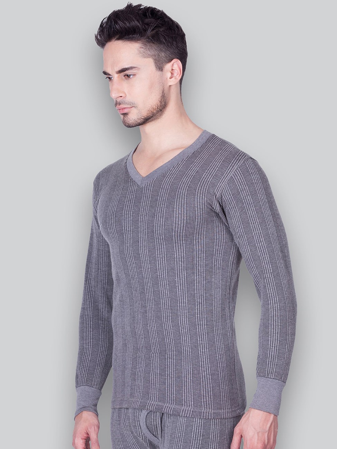 

INFERNO Ribbed V-Neck Cotton Thermal Top, Grey