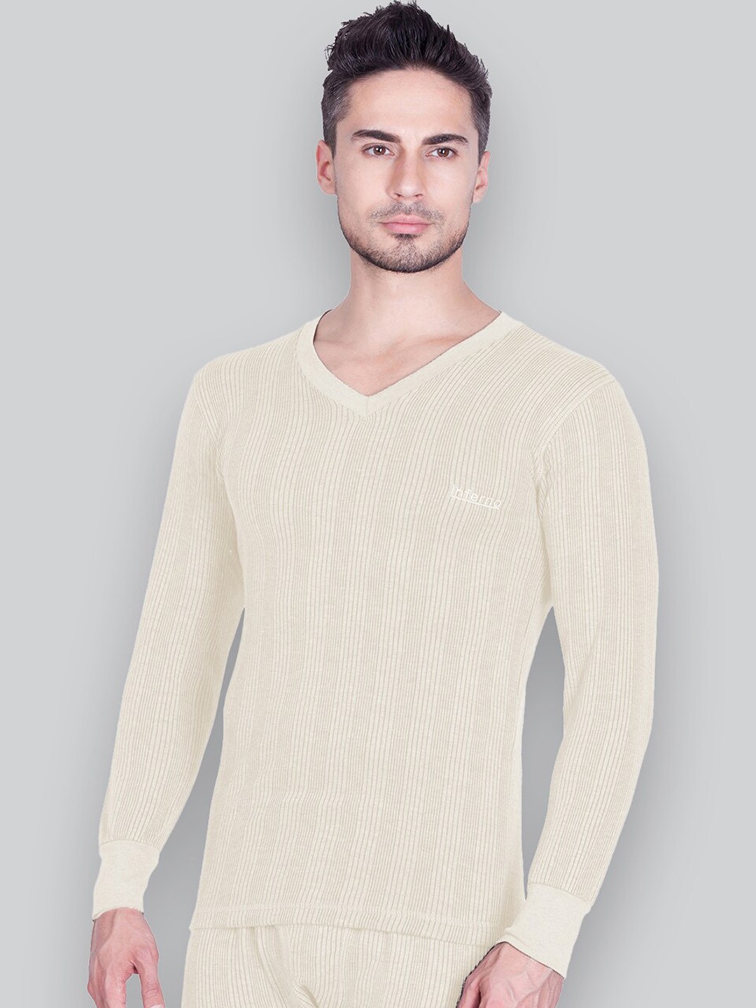 

INFERNO Striped Ribbed V-Neck Cotton Thermal Top, Off white