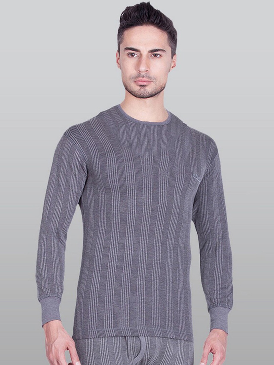

INFERNO Striped Ribbed Round-Neck Cotton Thermal Top, Grey