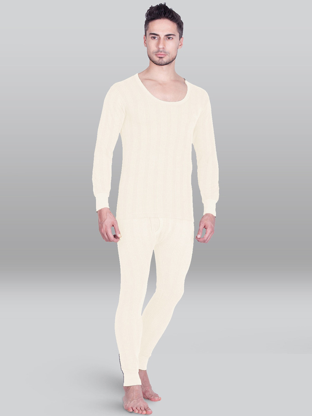 

INFERNO Men Striped Ribbed Cotton Thermal Bottoms, White
