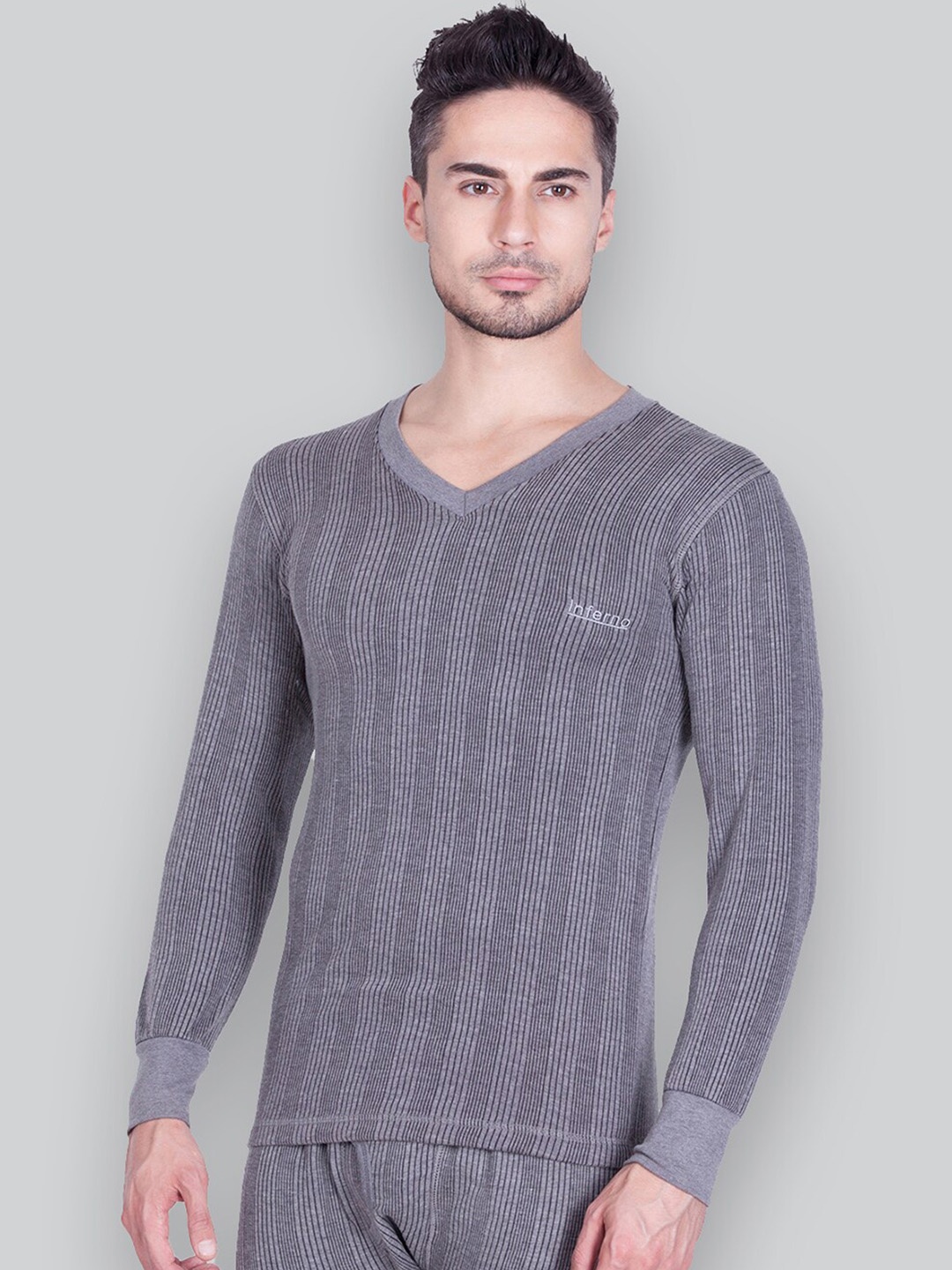 

INFERNO Striped Ribbed V-Neck Thermal Top, Grey