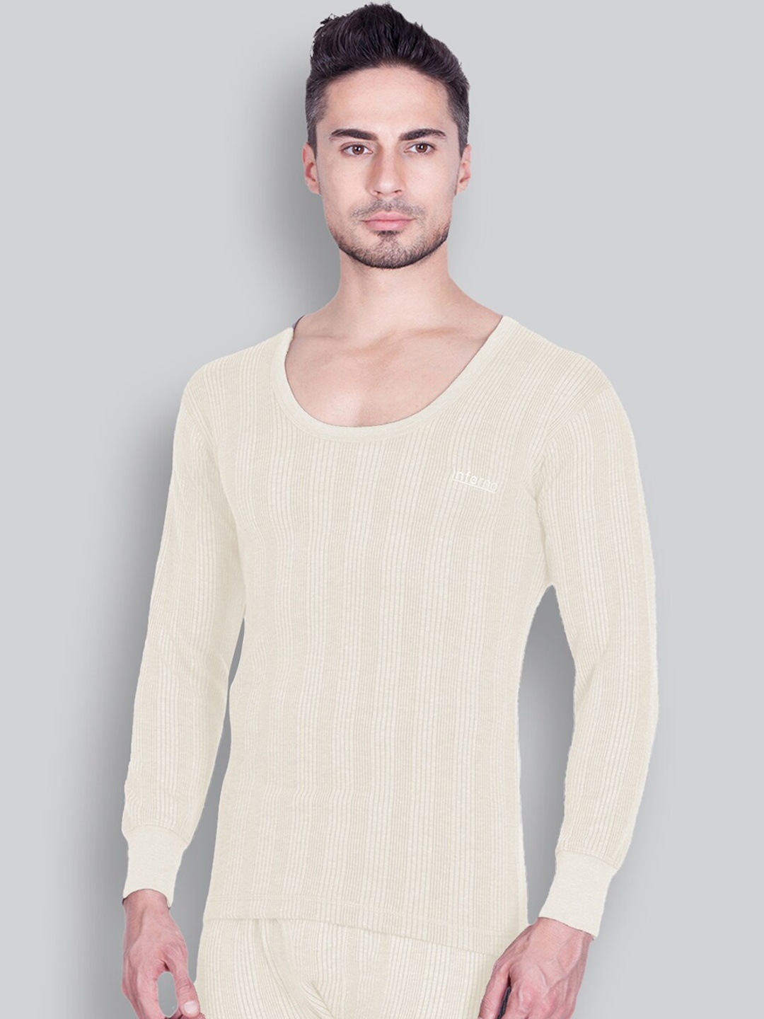 

INFERNO Striped Ribbed Round-Neck Thermal Top, Cream