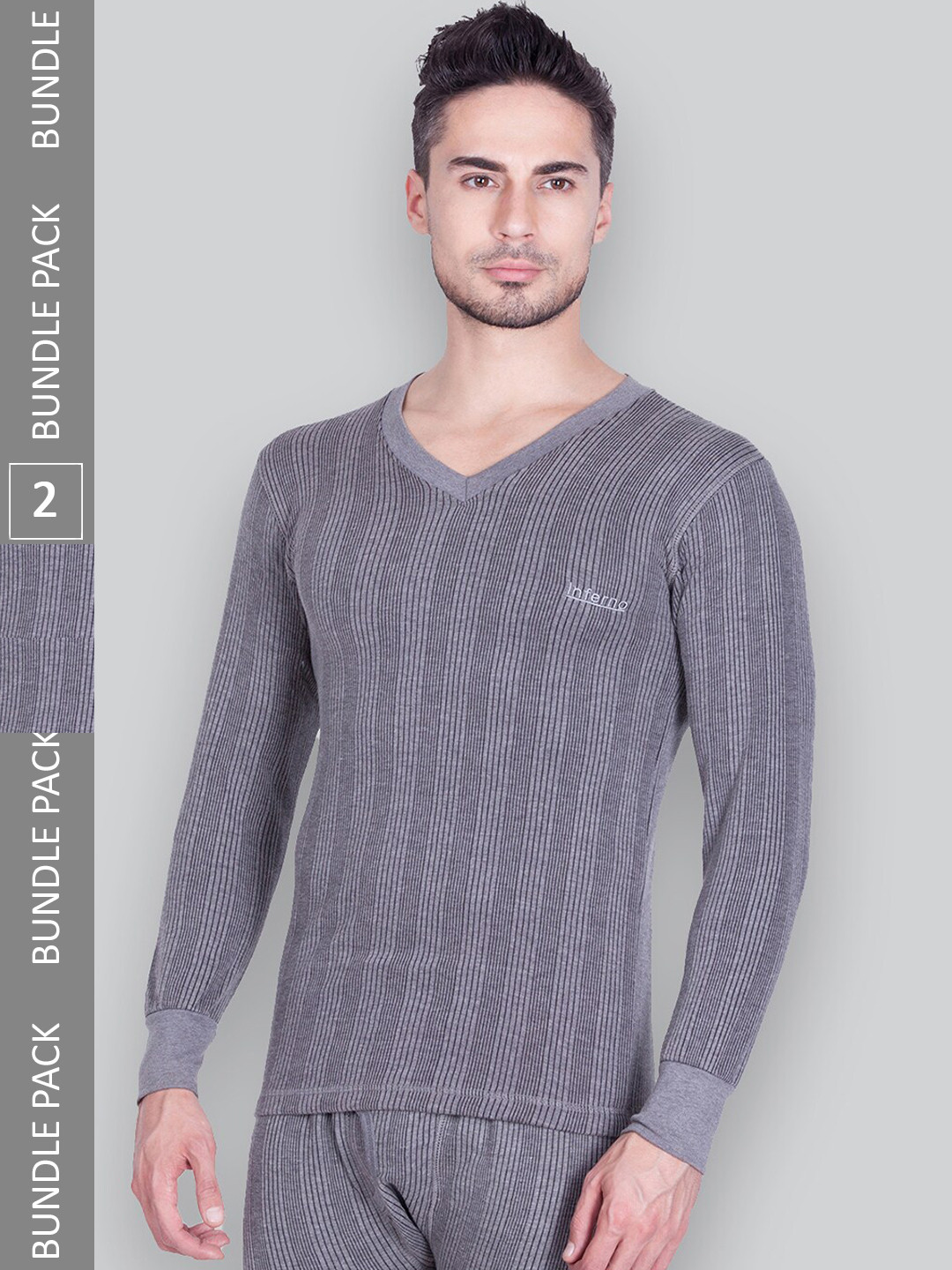 

INFERNO Pack Of 2 Striped Ribbed Cotton Thermal Tops, Grey