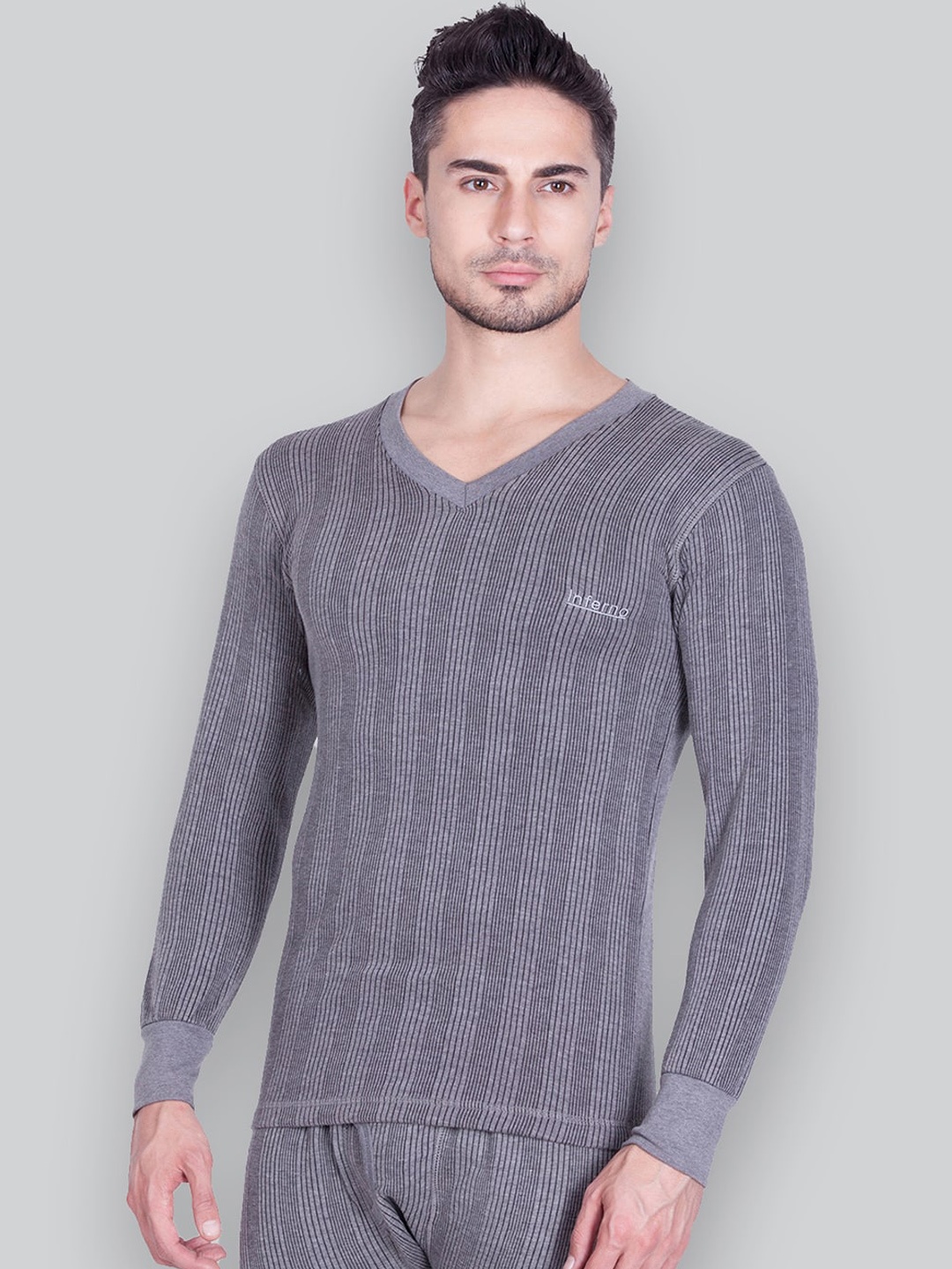 

INFERNO V-Neck Ribbed Cotton Thermal Tops, Grey