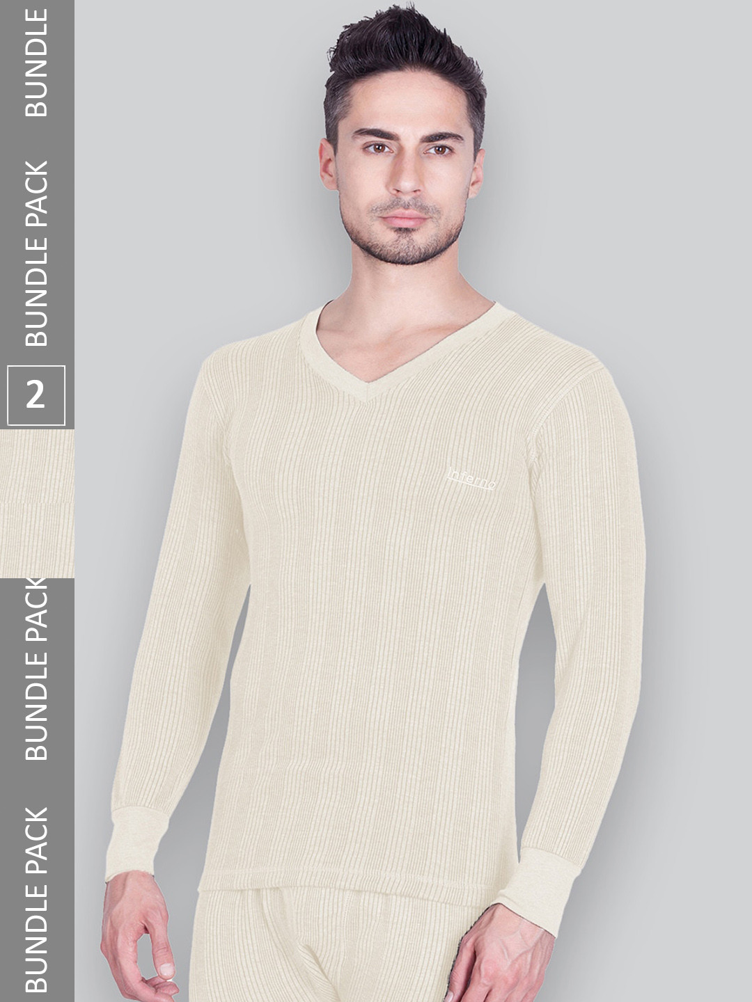 

INFERNO Pack Of 2 Striped Ribbed Cotton Thermal Tops, Off white