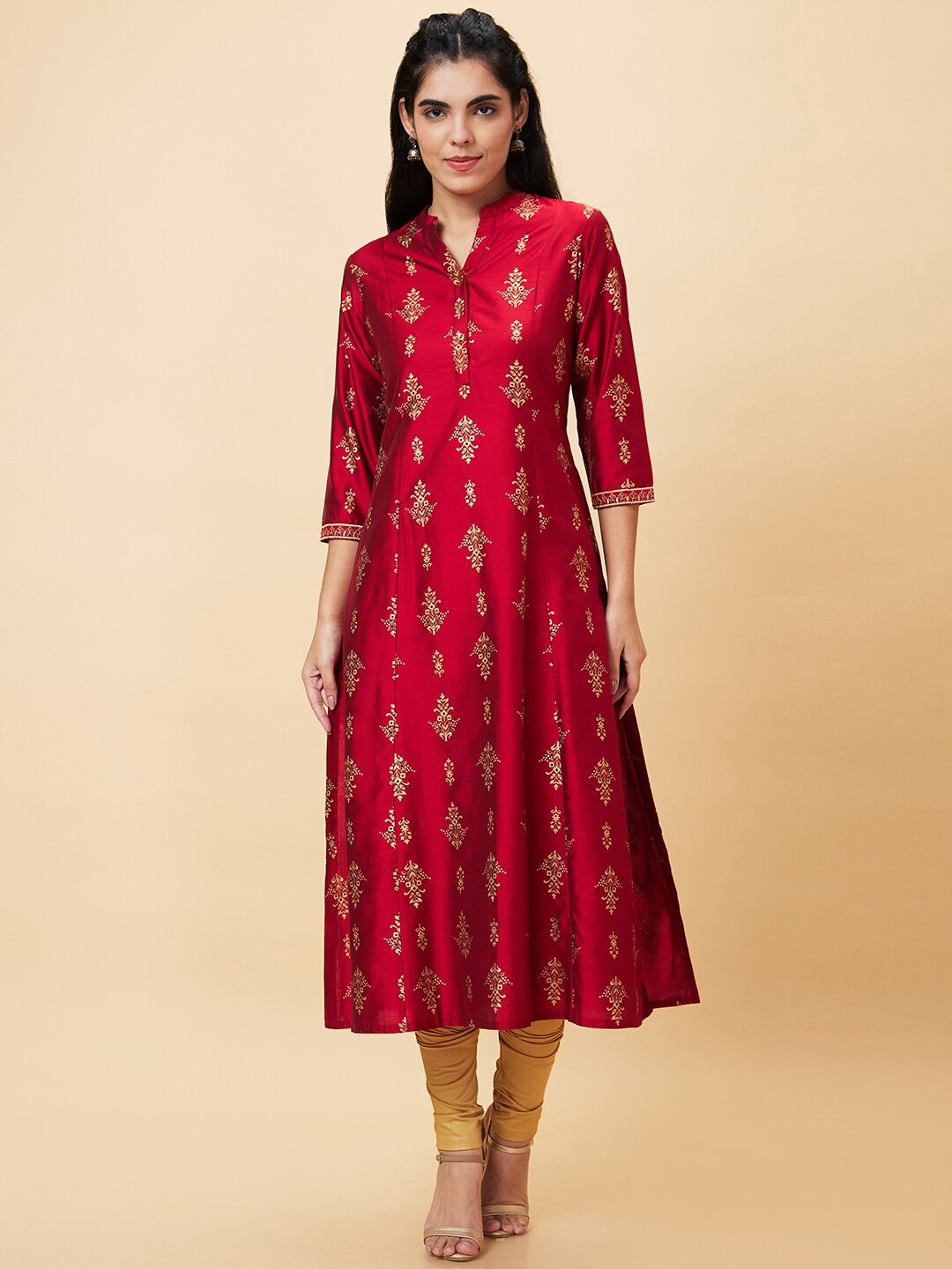 

Globus Red Ethnic Motifs Printed A-Line Kurta