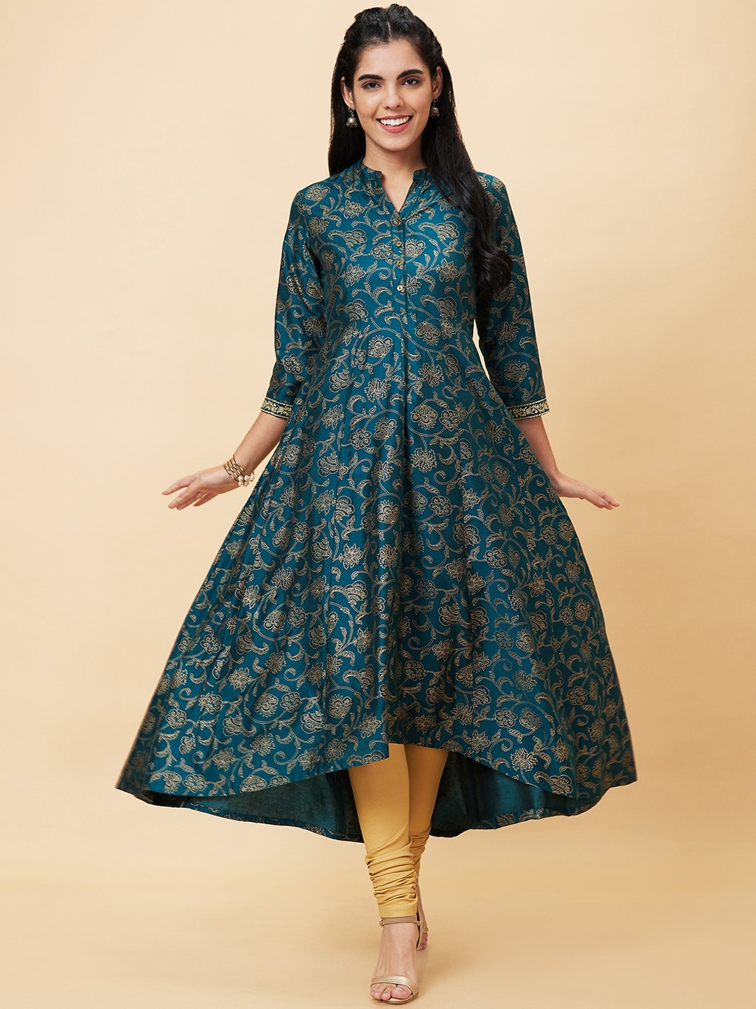 

Globus Green Floral Printed A-Line Kurta