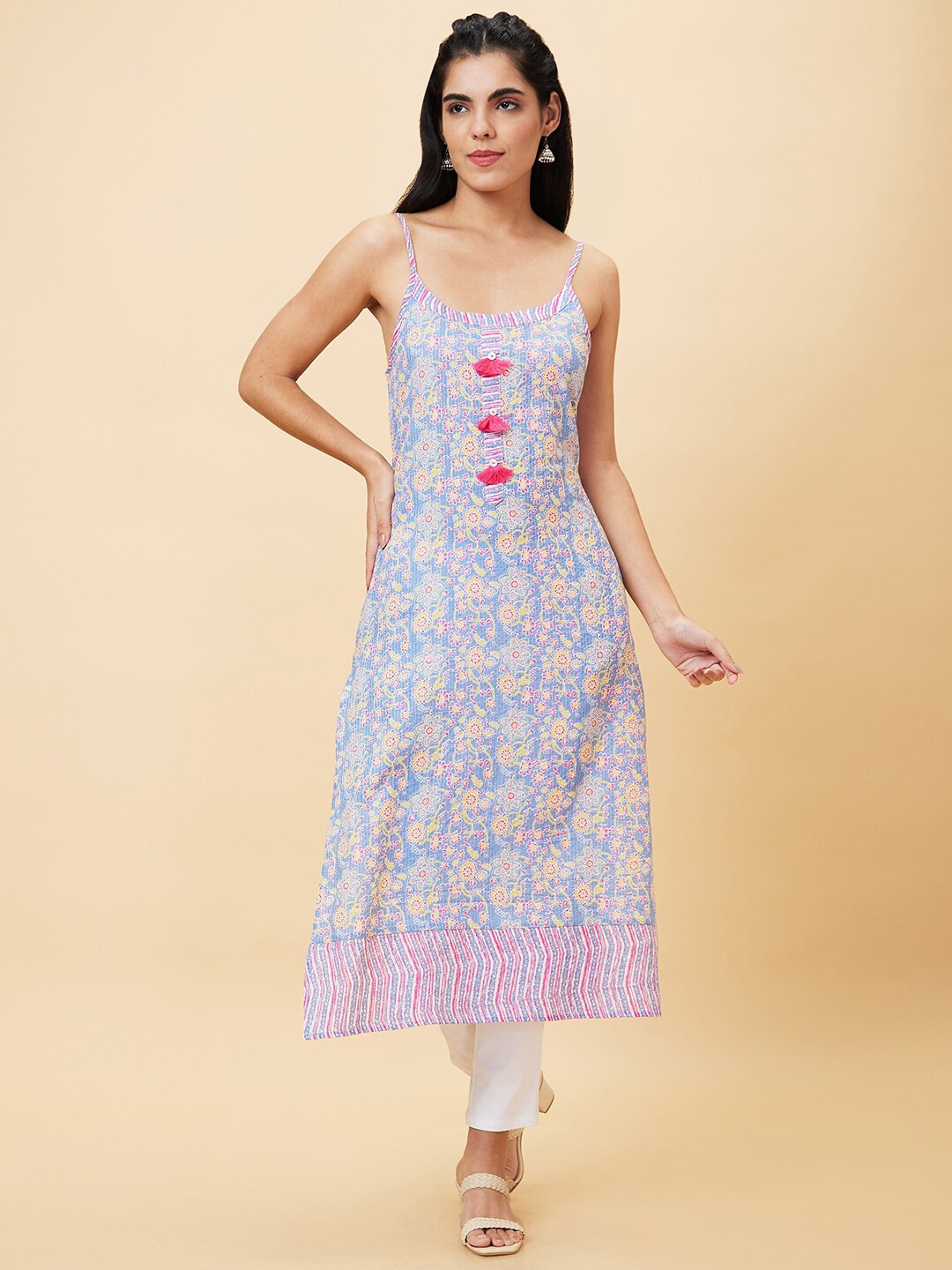 

Globus Blue Floral Printed Shoulder Straps Pure Cotton Straight Kurta