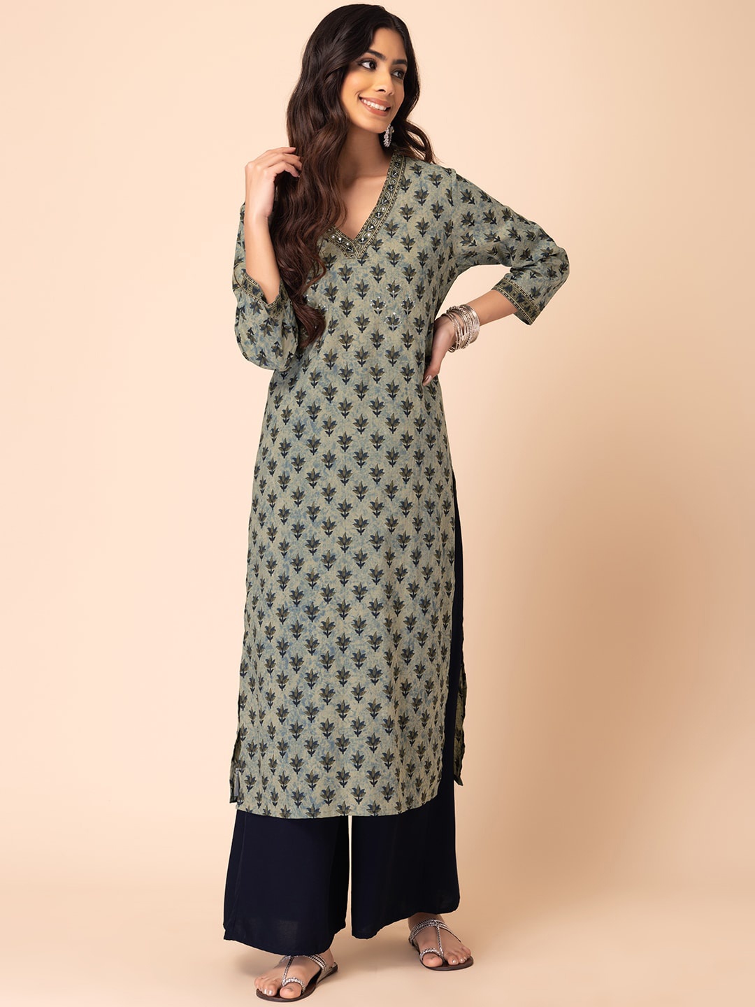 

INDYA Printed & Embroidered Pure Cotton Straight Kurta, Grey
