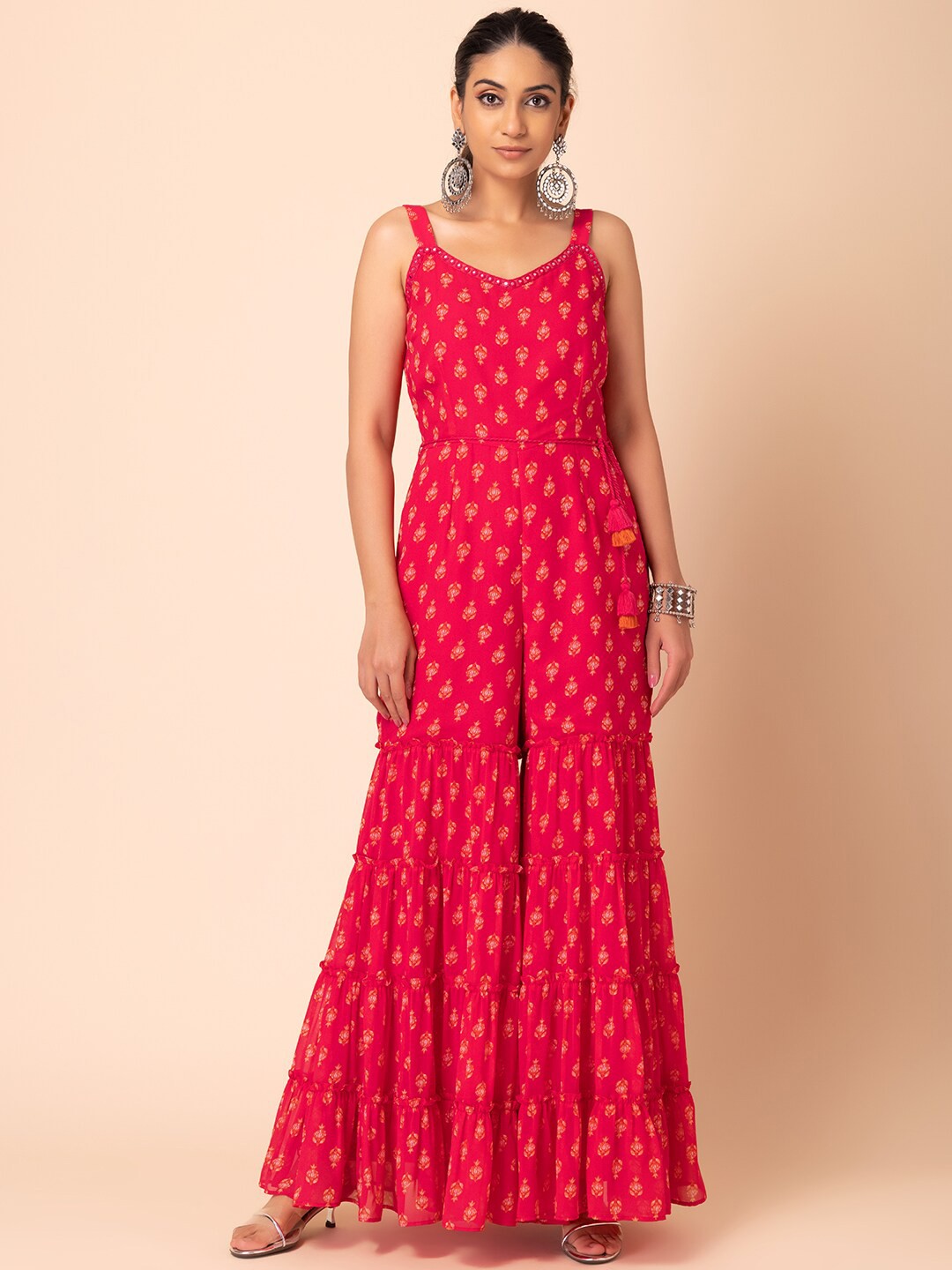 

INDYA Printed Tiered Jumpsuit With Dori Belt, Pink