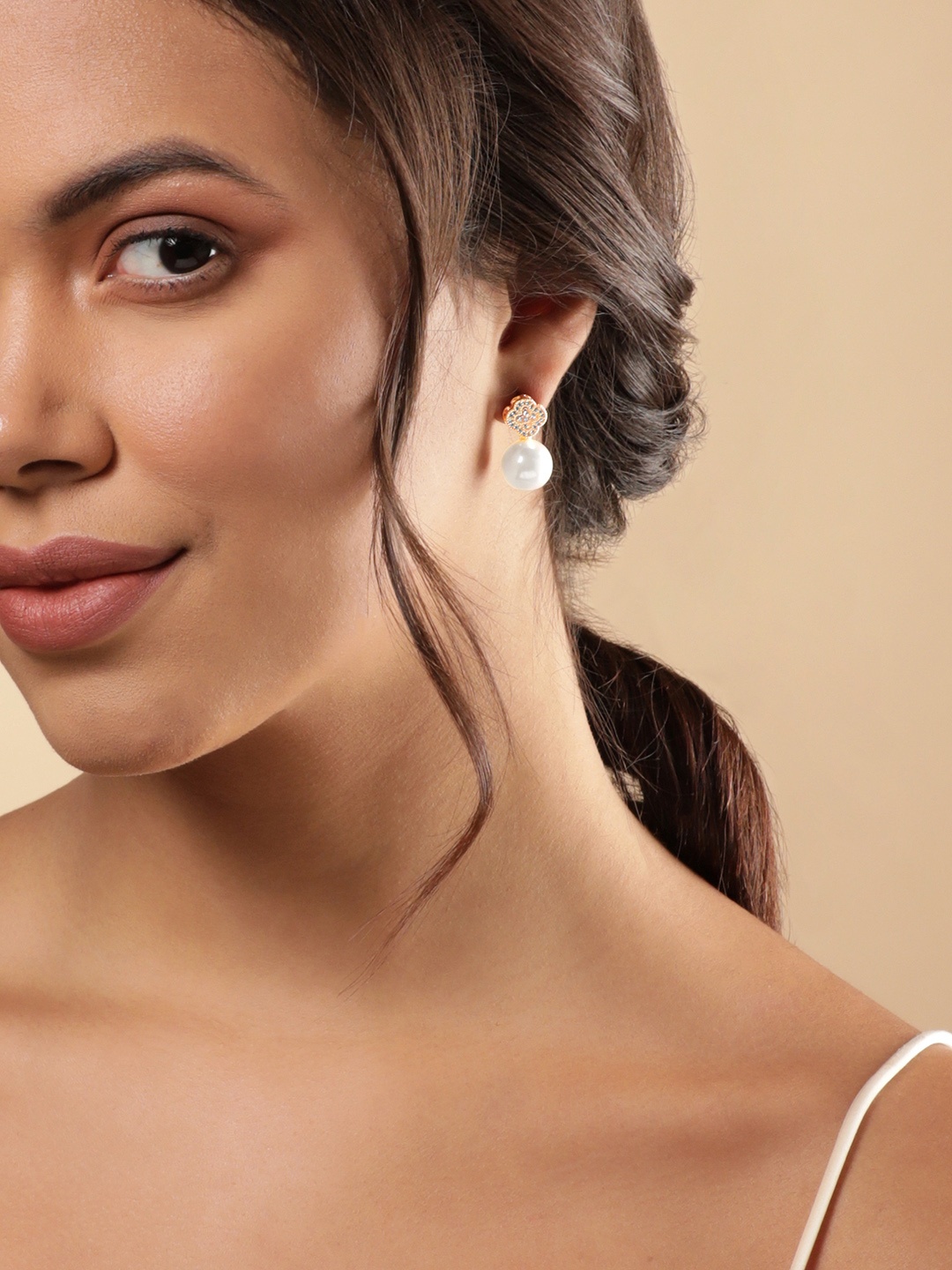 

Rubans Voguish Stone Studded & Pearls Beaded Drop Earrings, Gold