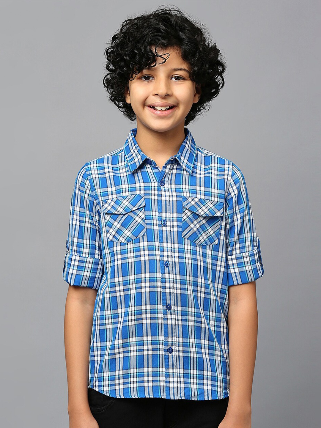 

Killer Boys Tartan Checked Roll-Up sleeves Classic Fit Pure Cotton Casual Shirt, Blue