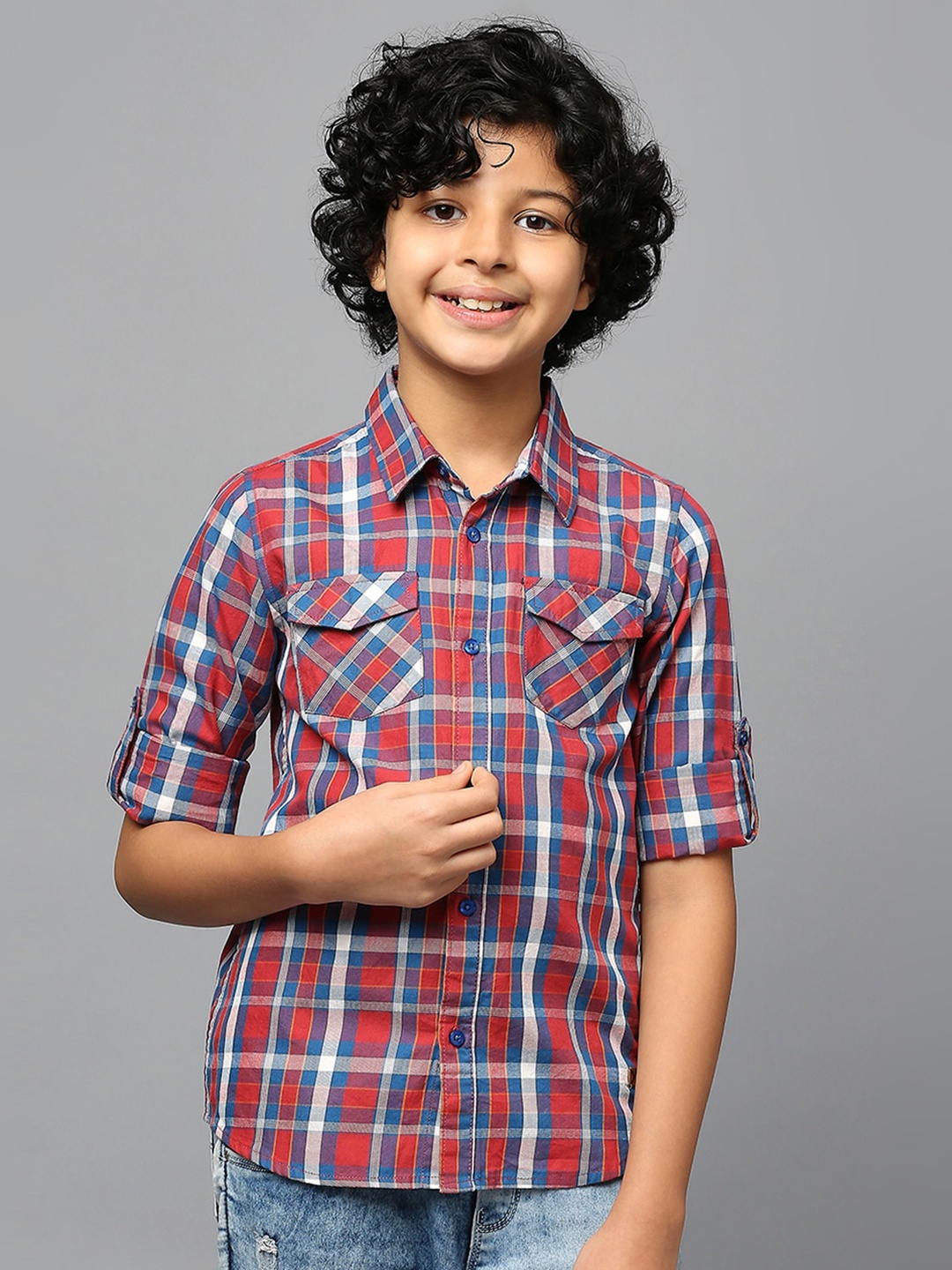 

Killer Boys Tartan Checked Roll-Up sleeves Classic Fit Pure Cotton Casual Shirt, Red