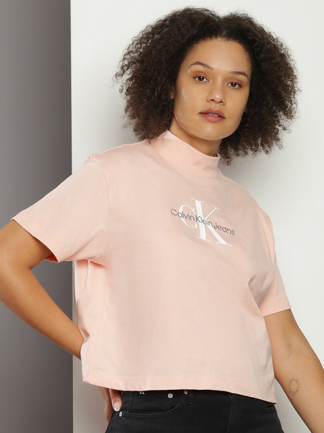 

Calvin Klein Jeans High Neck Drop Shoulder Sleeves Cotton Casual T-shirt, Pink