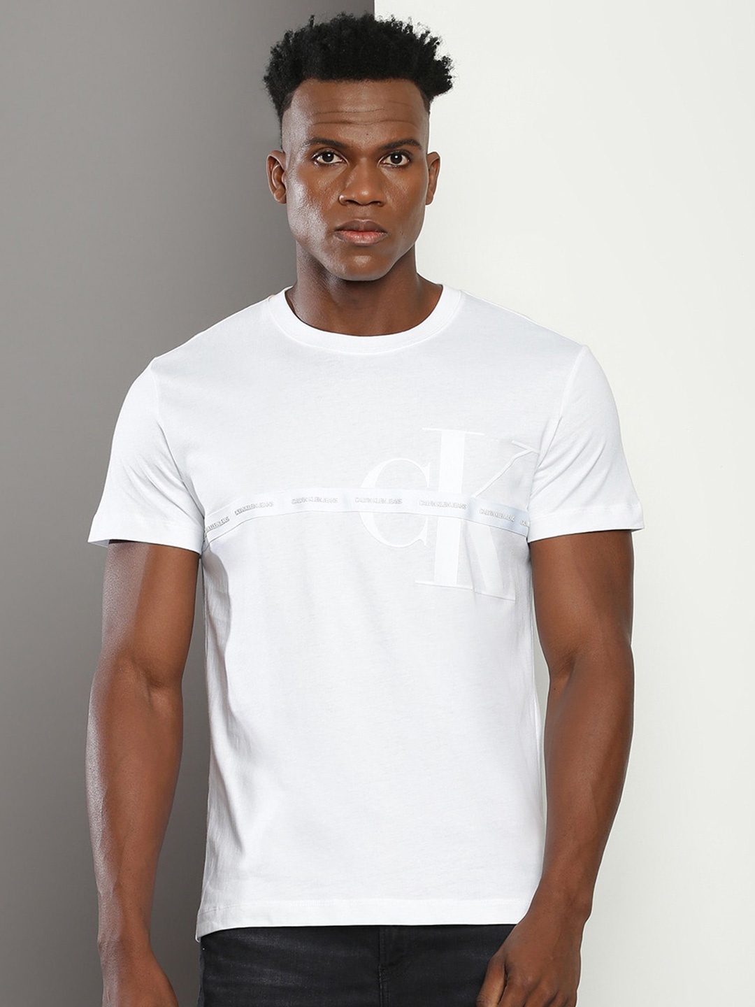 Calvin Klein Jeans Typography Printed Round Neck Cotton T-shirt, White