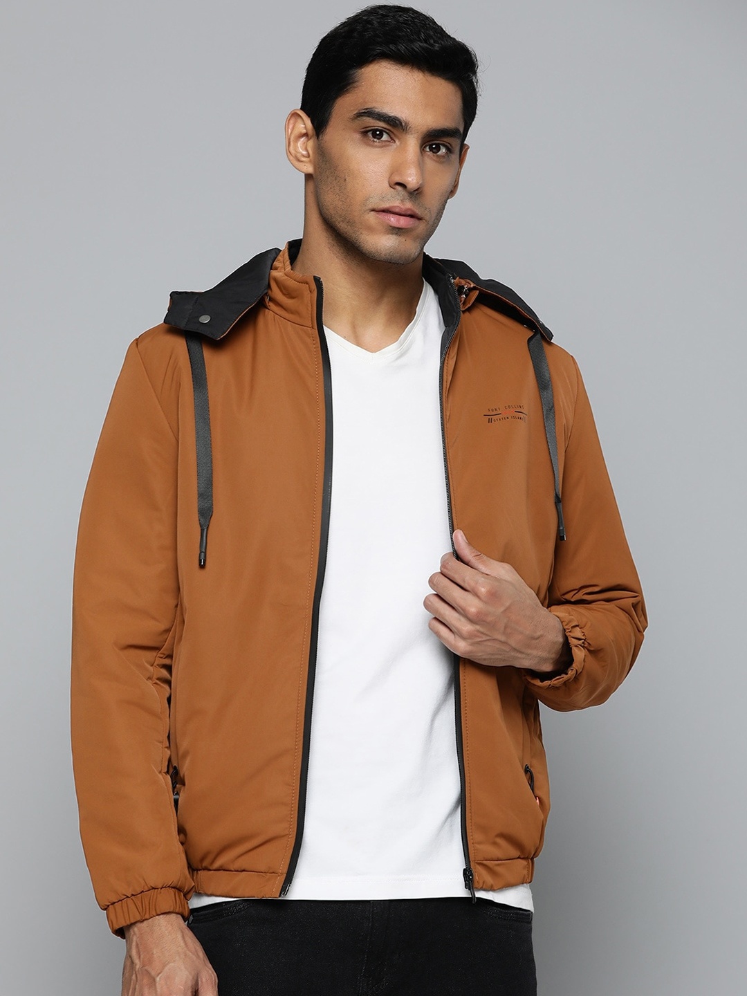 

Fort Collins Stand Collar Long Sleeve Bomber Jacket With Detacable Hood, Tan